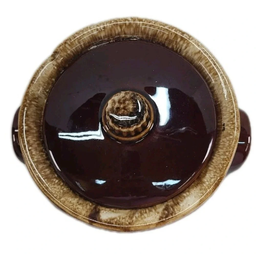 Vintage Hull Pottery Bean Pot Brown Drip Glaze Oven Proof with Lid Cookie Jar